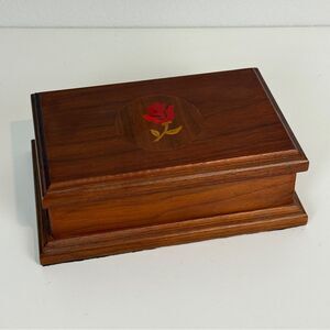 Walnut Rose Inlaid Wooden Trinket Box 9x6